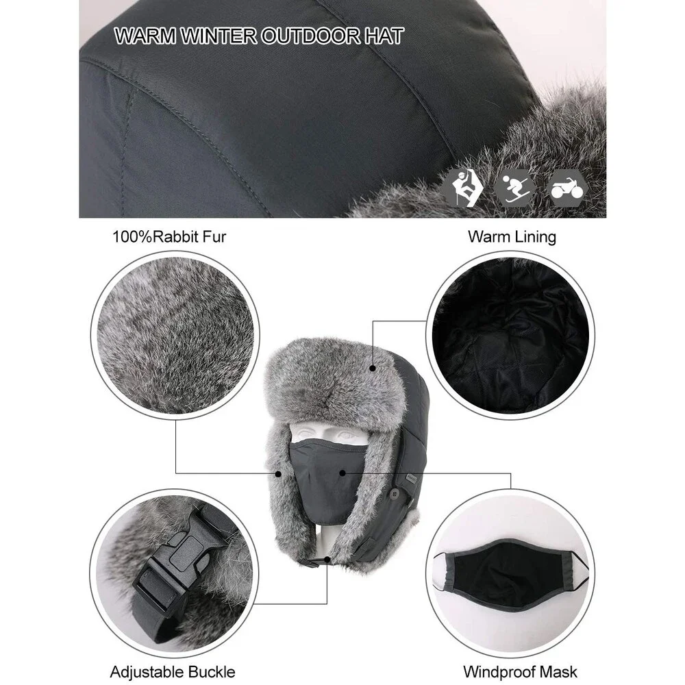 Comhats 100% Rabbit Fur Winter Trapper Ushanka Hat Waterproof (US, Alpha,
